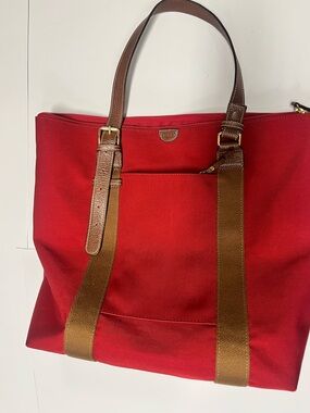 Brics Red Canvas Tote with Brown Leather Straps